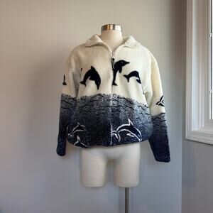 Vintage 90s Black Mountain White and blue dolphin aop fleece full zip jacket